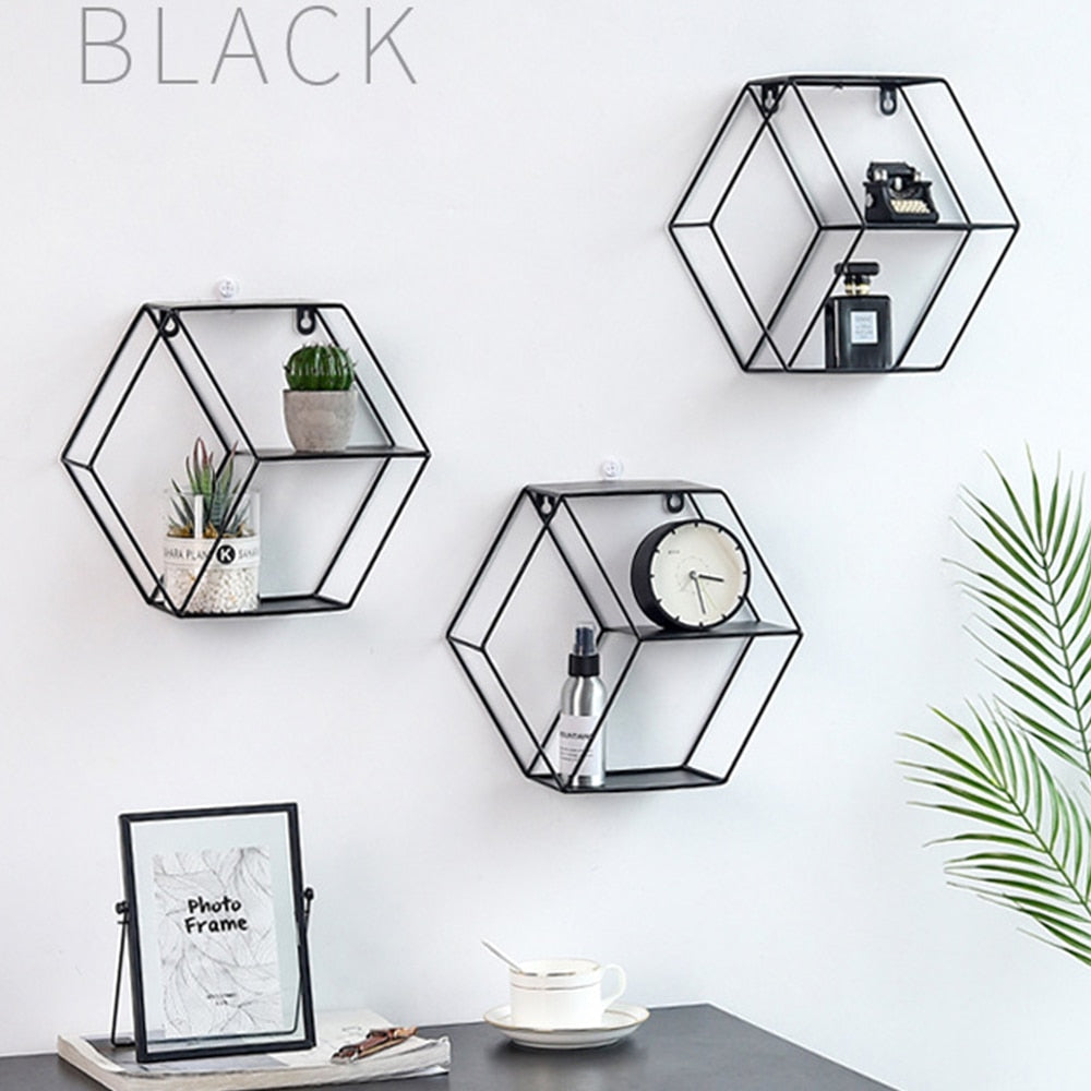 Hexagonal Wall Shelf – Modern Iron Wall-Mounted Storage Rack | 3-Tier Home Decor Shelf | Black, White & Copper