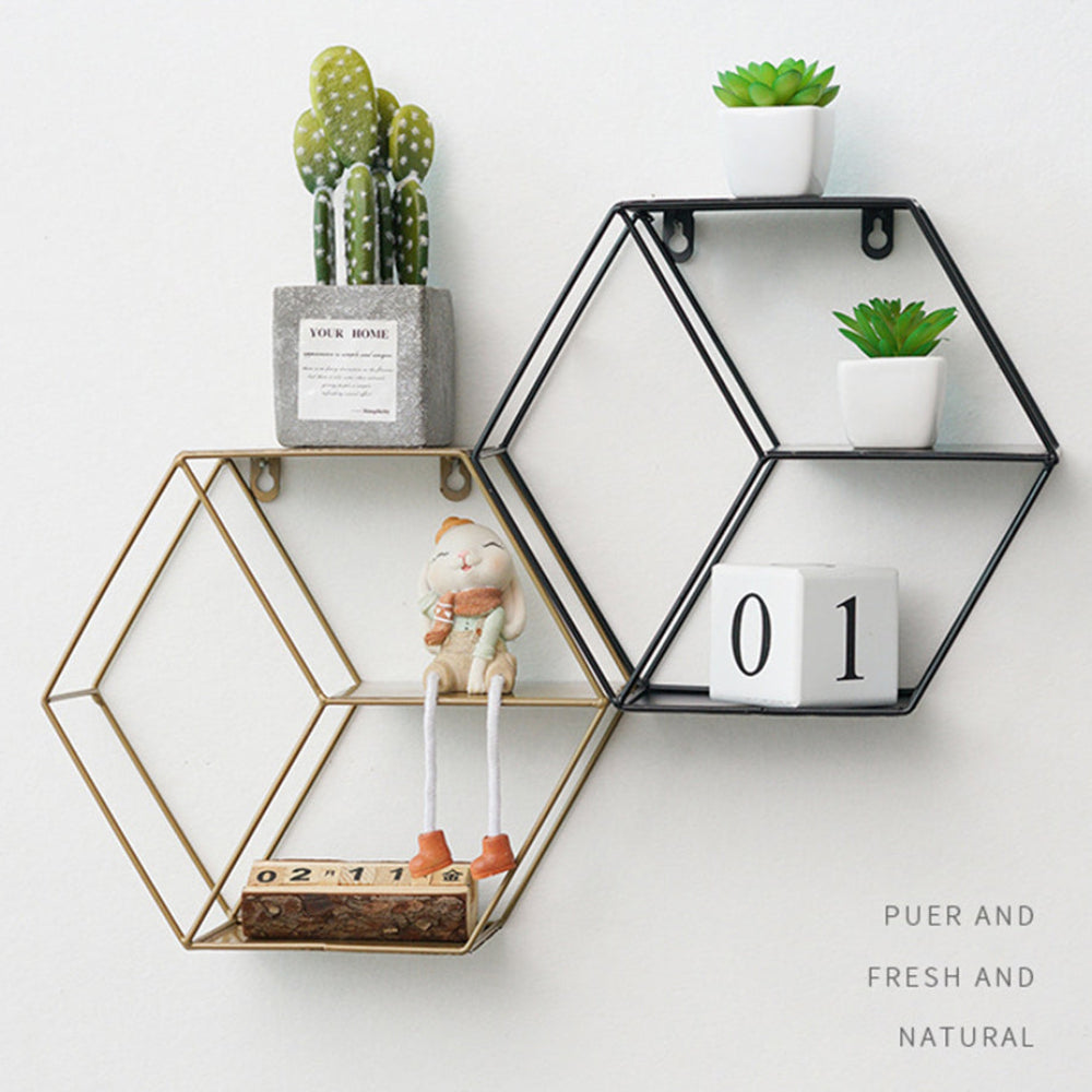 Hexagonal Wall Shelf – Modern Iron Wall-Mounted Storage Rack | 3-Tier Home Decor Shelf | Black, White & Copper
