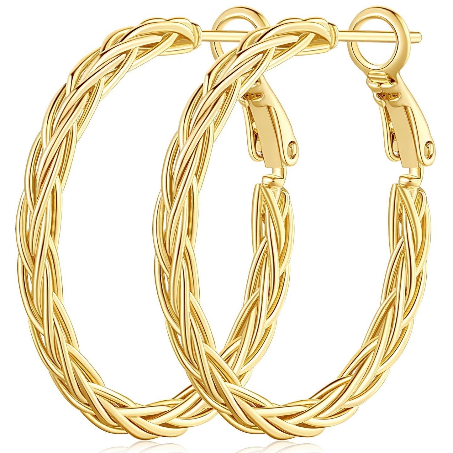 Amoxos 14K Gold Plated Hoop Earrings for Women – Fine Weave Design, Lightweight, 30MM | Trendy Gold Jewelry
