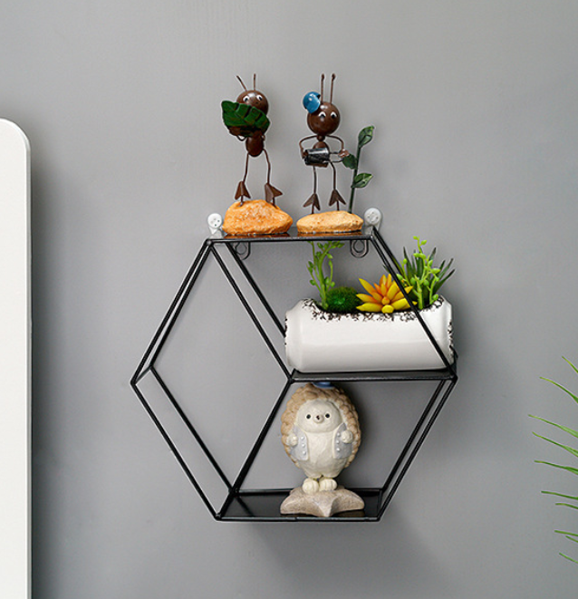 Hexagonal Wall Shelf – Modern Iron Wall-Mounted Storage Rack | 3-Tier Home Decor Shelf | Black, White & Copper