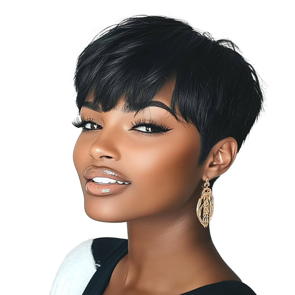 DOcute Pixie Cut Wig for Black Women – Short Straight Synthetic Wig, Natural Black, 5 Inch