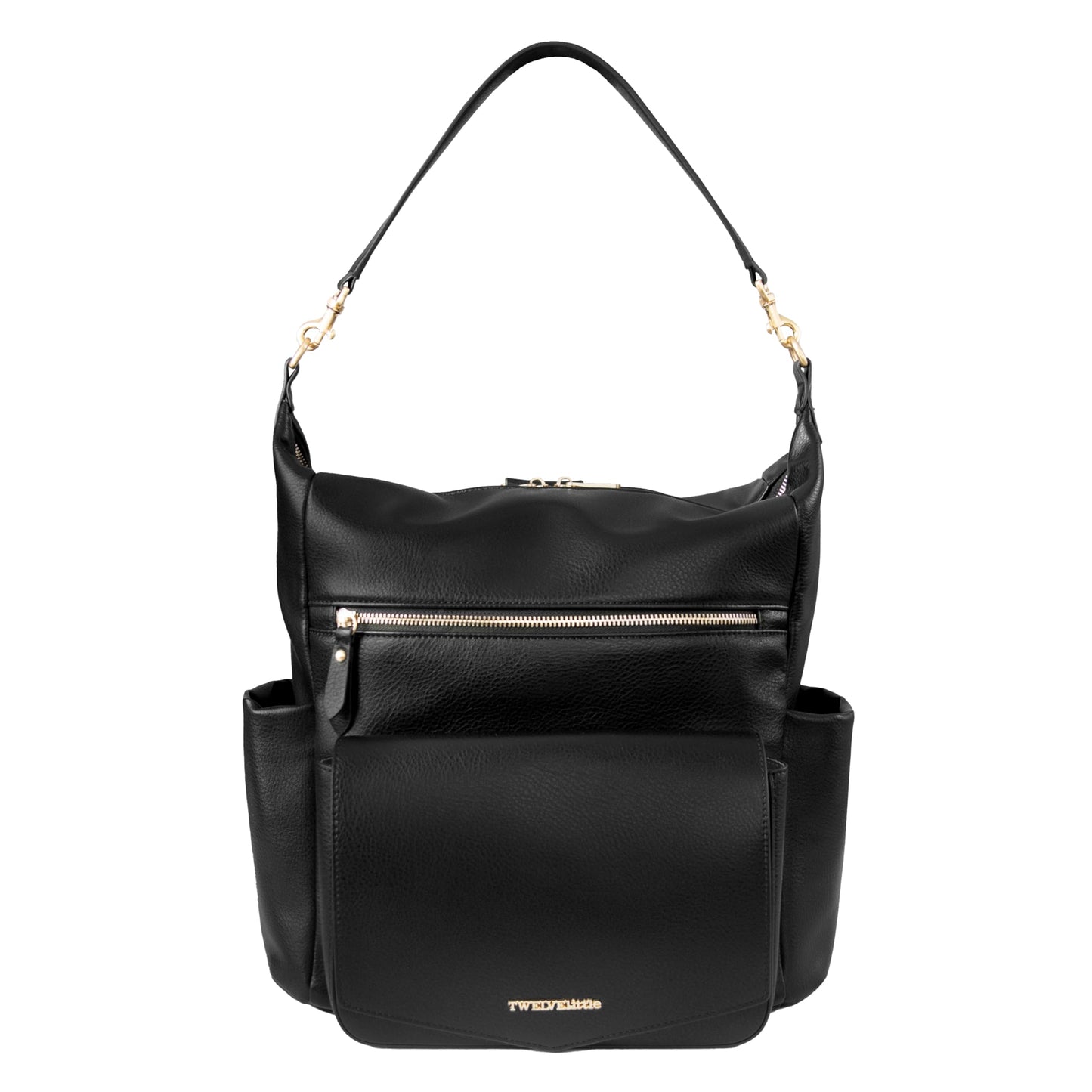 TWELVElittle Peek-A-Boo Convertible Hobo Diaper Bag Backpack – Vegan Leather with Changing Pad, Wipes Case & Stroller Clips | Black