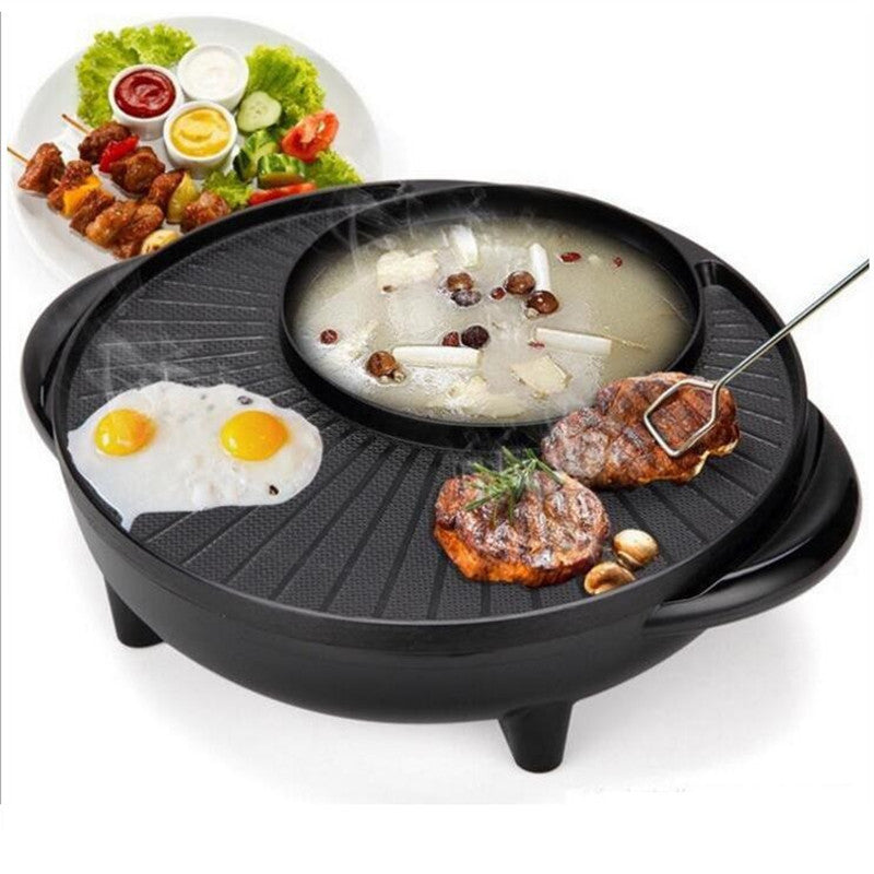 Korean Electric Hot Pot – Multifunctional Grill Pan with Tempered Glass Lid | US & EU Plug