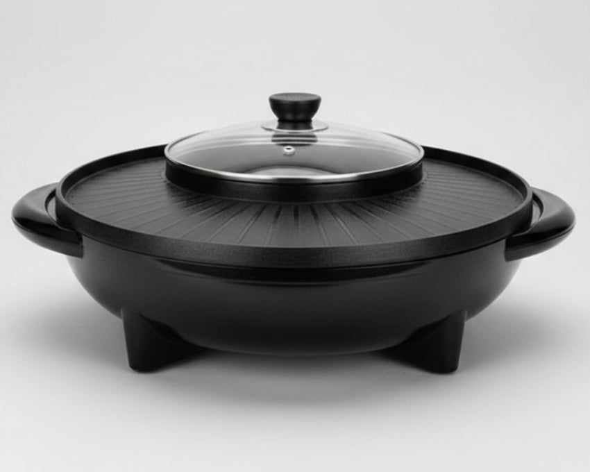Korean Electric Hot Pot – Multifunctional Grill Pan with Tempered Glass Lid | US & EU Plug