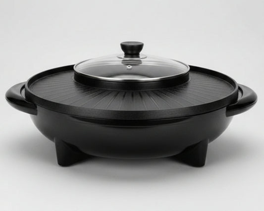 Korean Electric Hot Pot – Multifunctional Grill Pan with Tempered Glass Lid | US & EU Plug