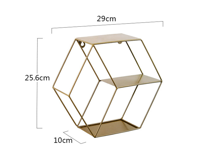 Hexagonal Wall Shelf – Modern Iron Wall-Mounted Storage Rack | 3-Tier Home Decor Shelf | Black, White & Copper