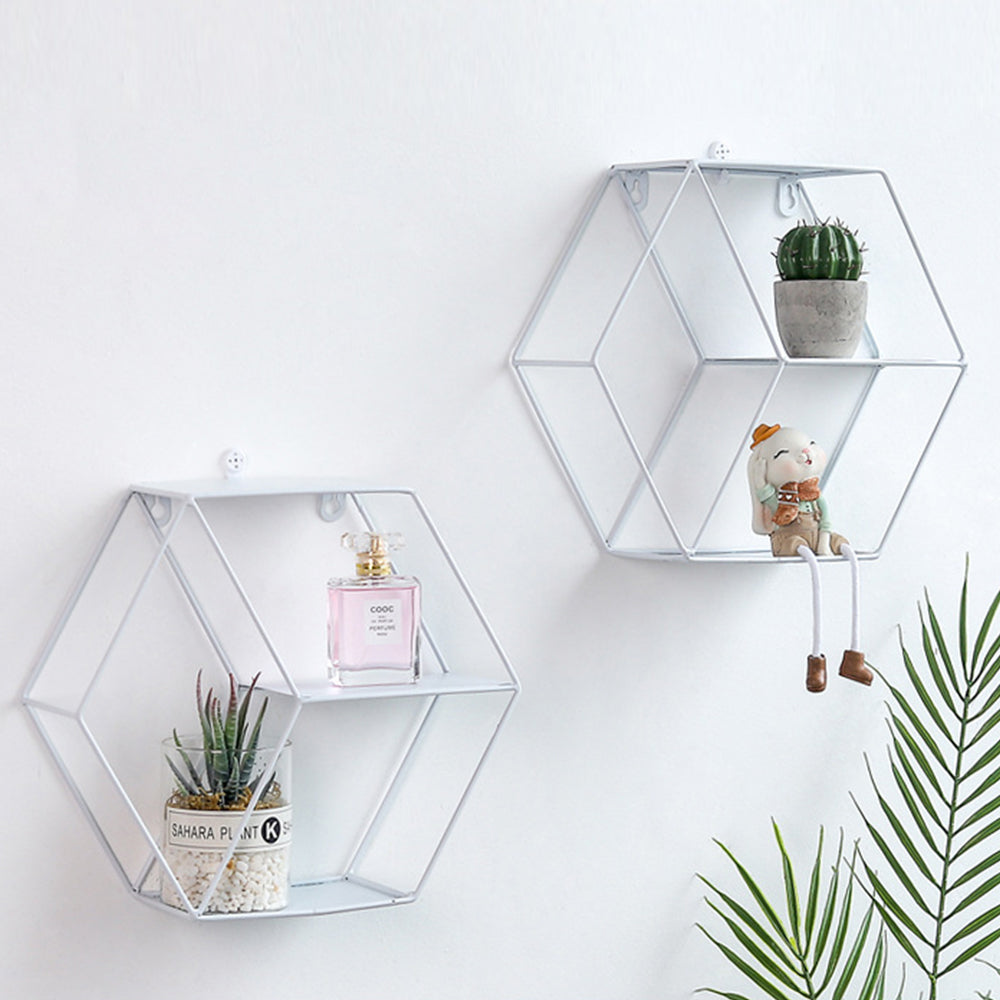 Hexagonal Wall Shelf – Modern Iron Wall-Mounted Storage Rack | 3-Tier Home Decor Shelf | Black, White & Copper
